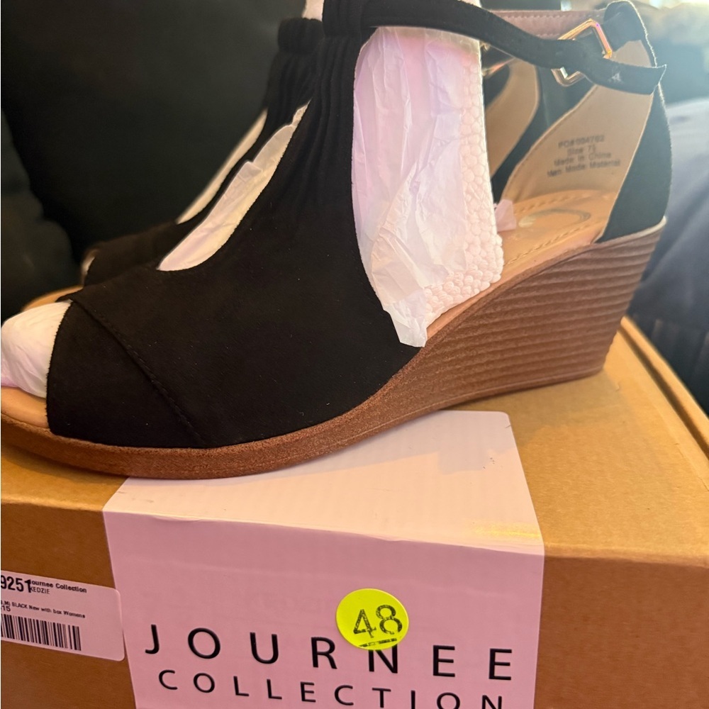 Journee Collection Black Peep-Toe Wedges
